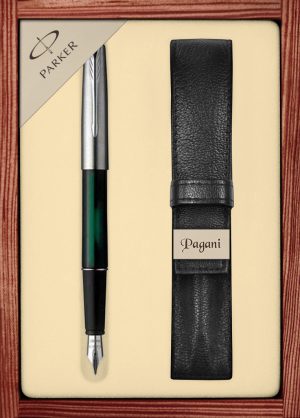 Zestaw pióro wieczne Parker Frontier Transparent Green CT z etui Pagani w ekskluzywnej kasetce drewnianej