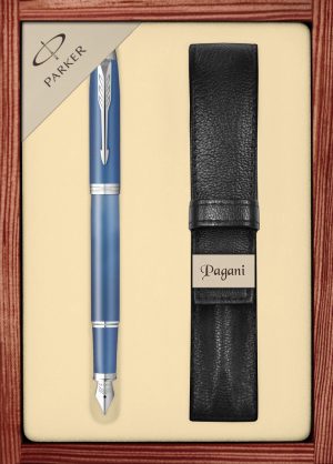 Zestaw pióro wieczne Parker IM Writing Rituals Blue z etui Pagani w ekskluzywnej drewnianej kasetce