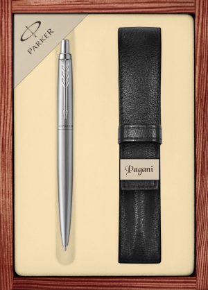 Zestaw długopis Parker Jotter XL Monochrome Stainless Steel z etui Pagani w ekskluzywnej kasetce drewnianej